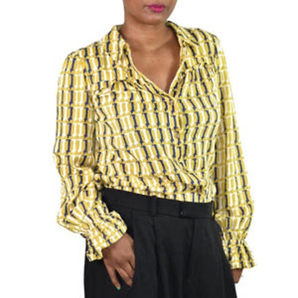 Maeve By Anthropologie Dog Print Yellow Satin Bell Sleeve Button Up long Sleeve - Picture 3 of 12